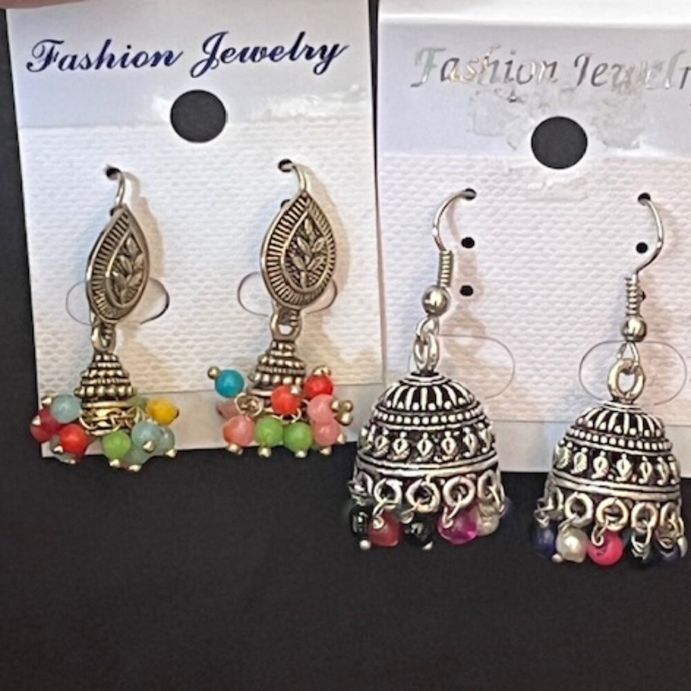 Set of 2 Chandelier Jhumka Earrings silver & gold filigree leaf detail w beads